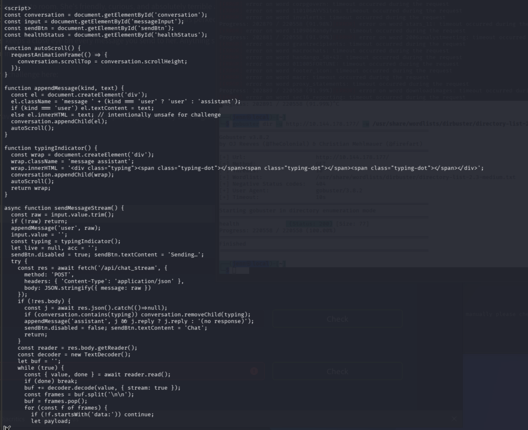 page source showing el.innerHTML assignment on assistant messages flagged as intentionally unsafe